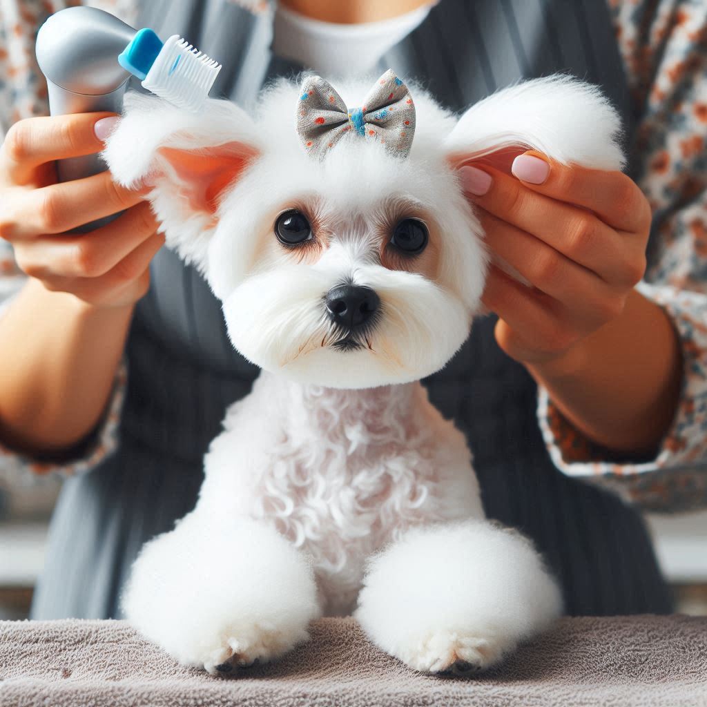 limpieza de orejas de un bichon maltes